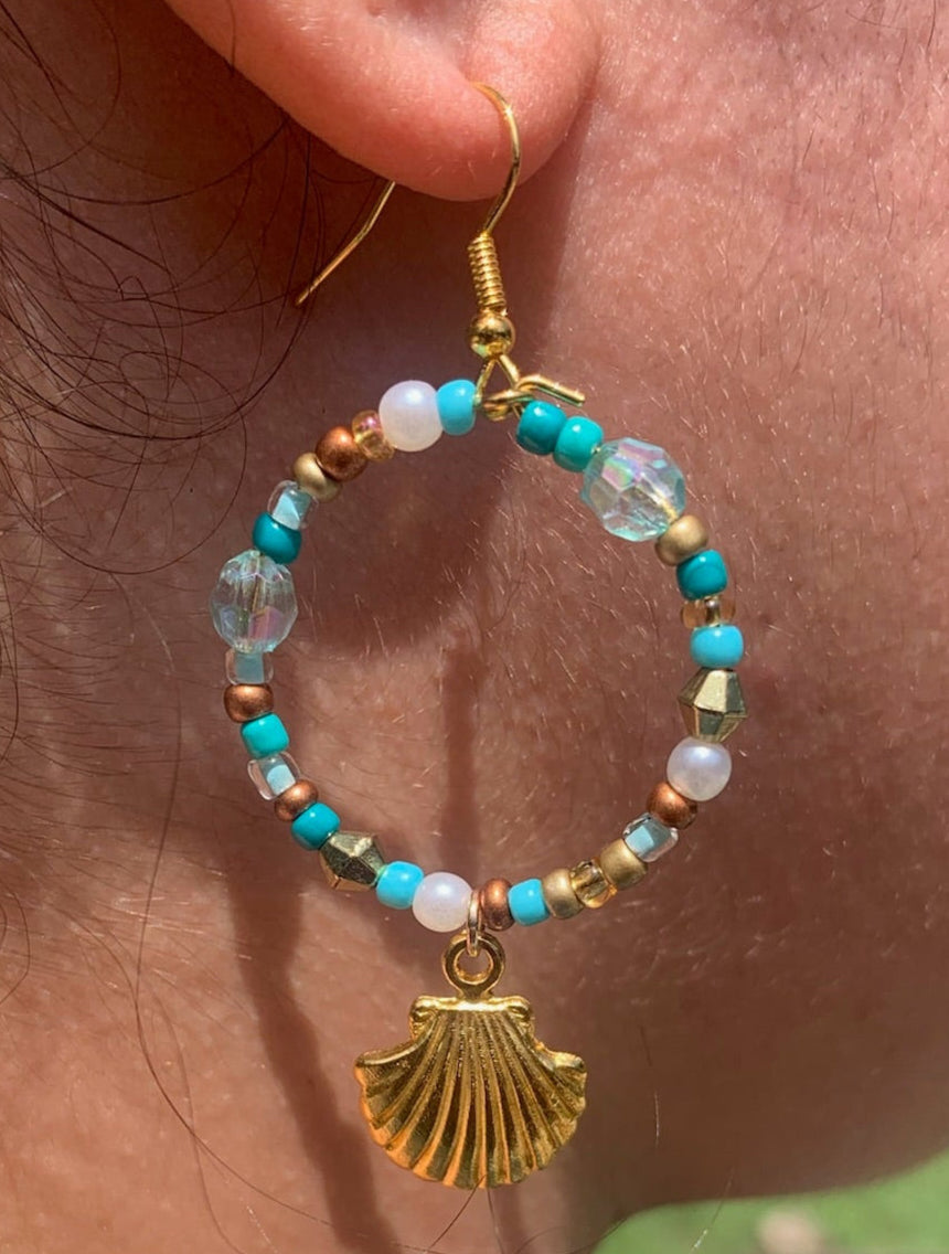 Gold Seashell Dangle Hoop Earrings