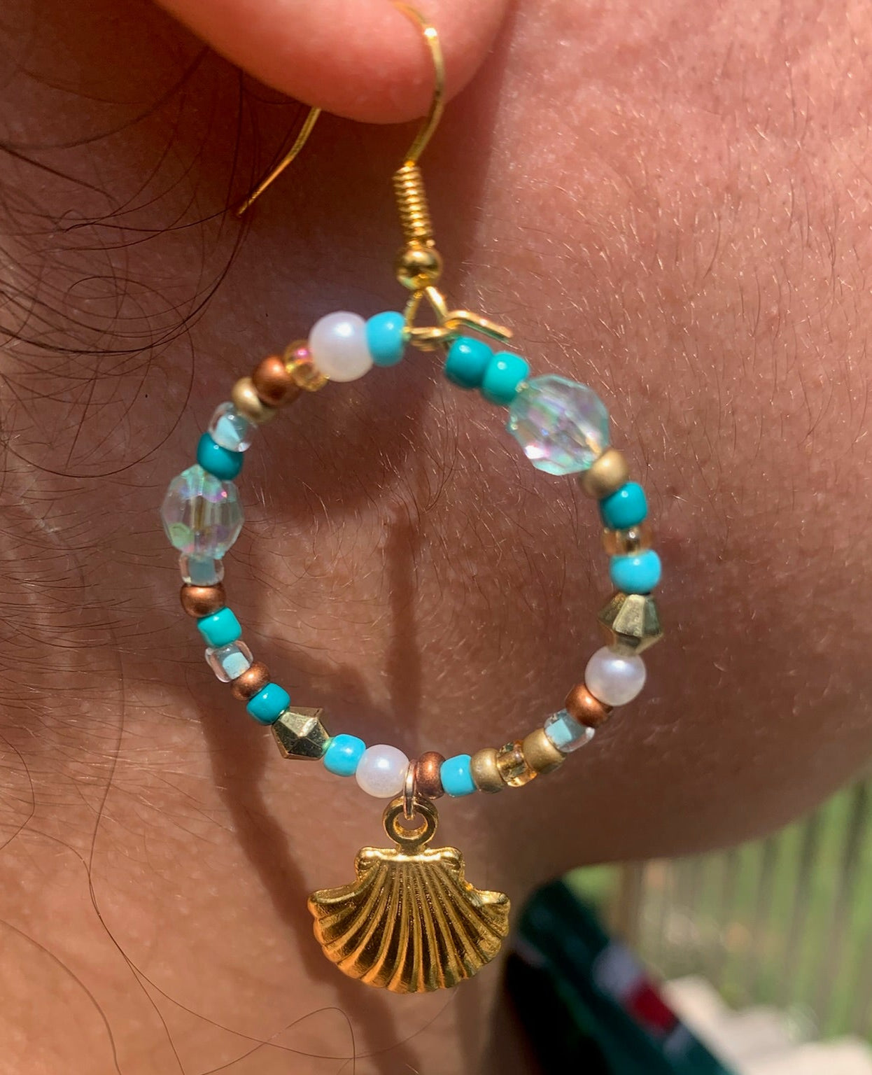 Gold Seashell Dangle Hoop Earrings