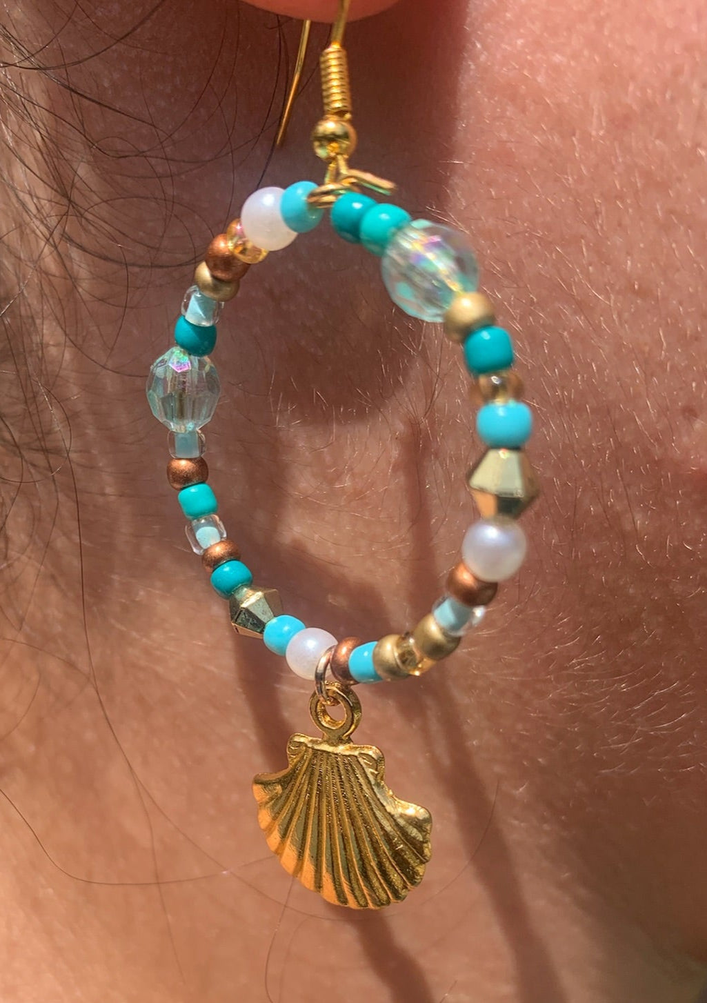 Gold Seashell Dangle Hoop Earrings