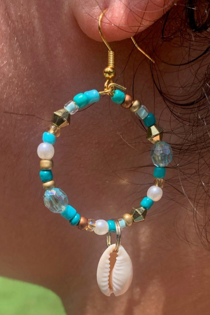 Cowrie Shell Dangle Hoop Earrings