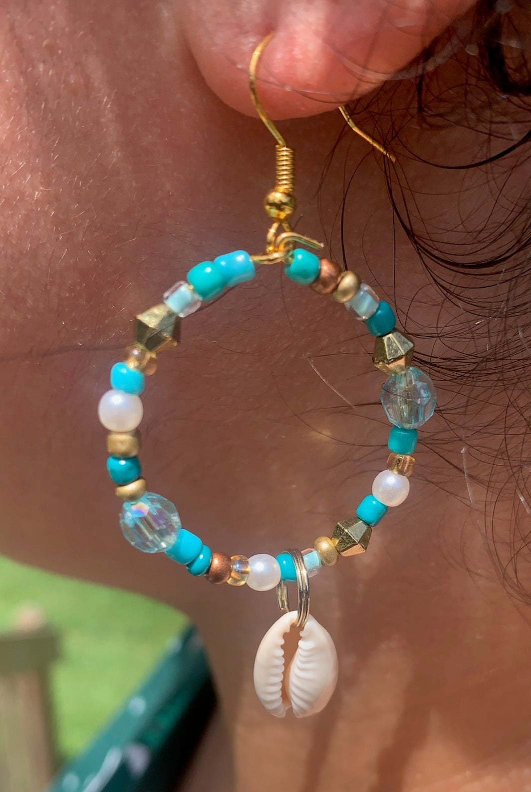 Cowrie Shell Dangle Hoop Earrings