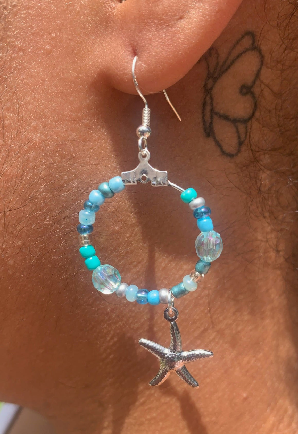 Silver Starfish Dangle Hoop Earrings