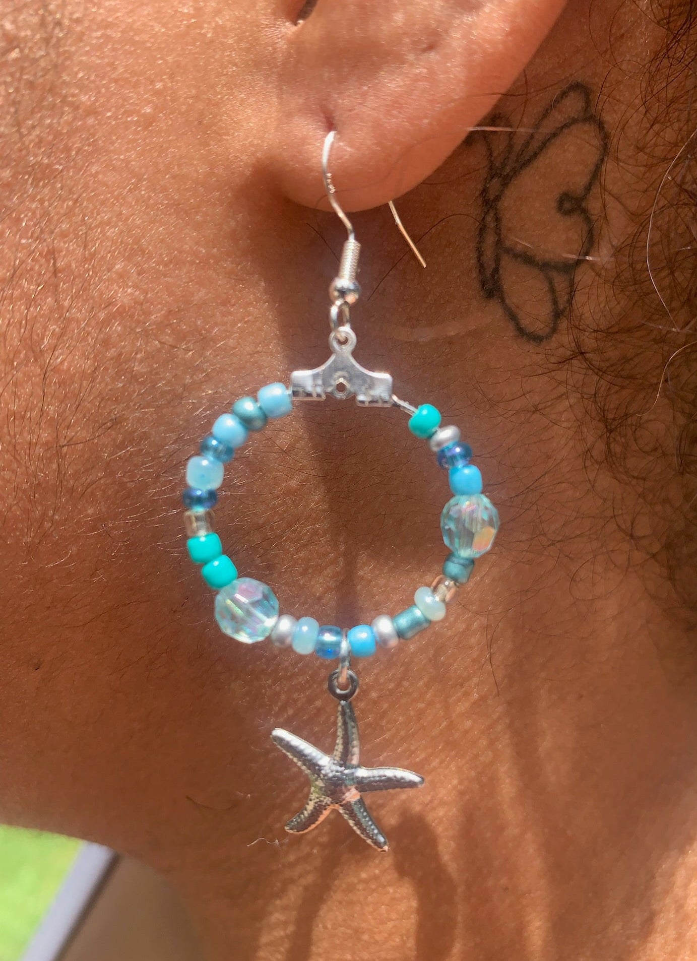 Silver Starfish Dangle Hoop Earrings