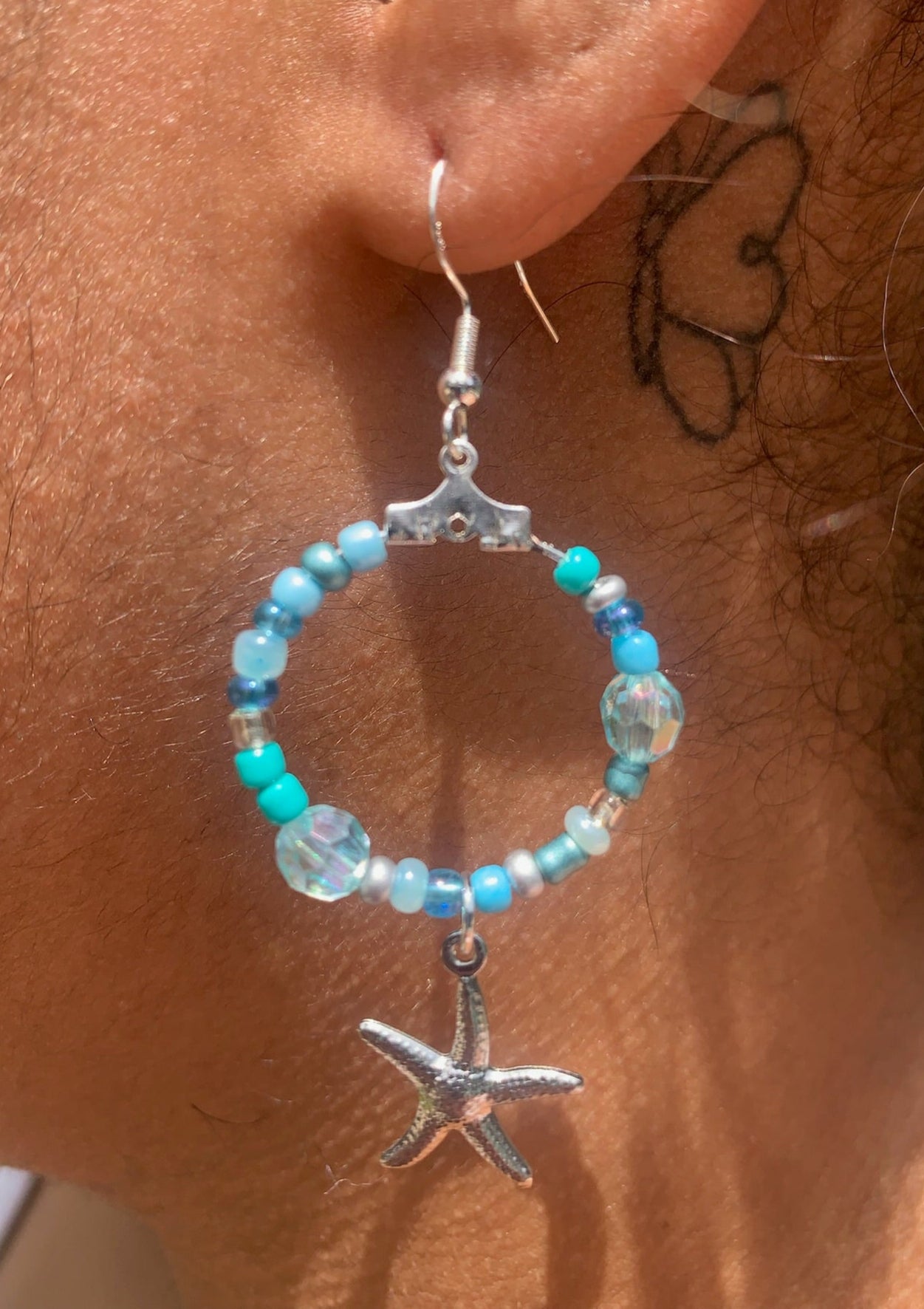 Silver Starfish Dangle Hoop Earrings