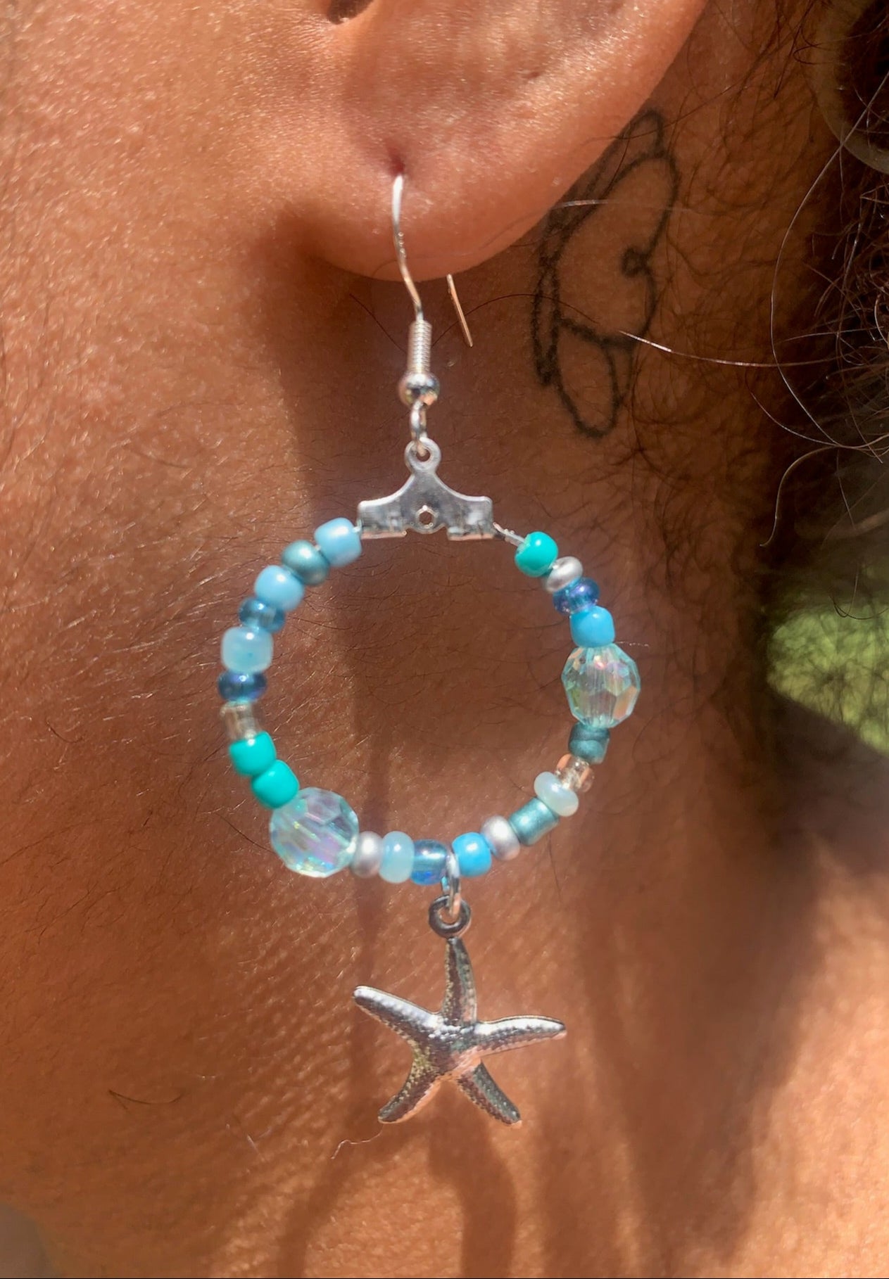 Silver Starfish Dangle Hoop Earrings