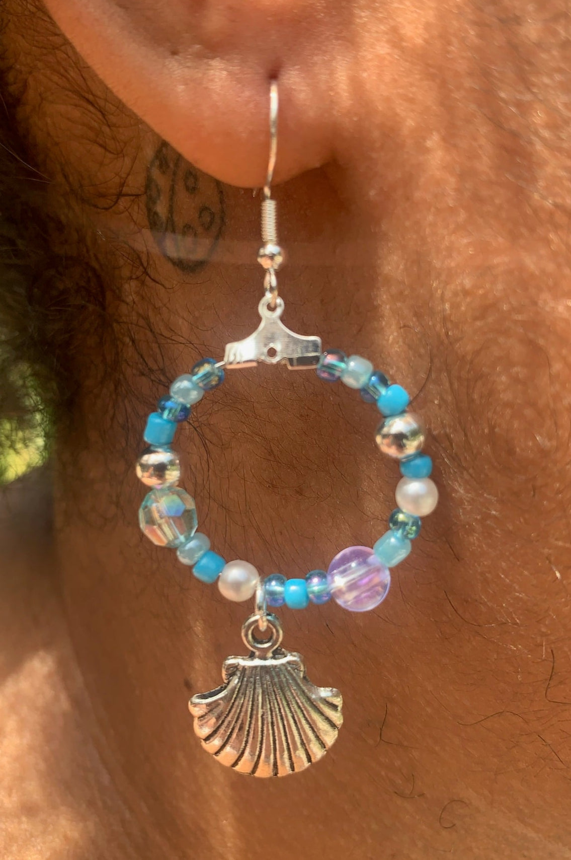 Silver Seashell Dangle Hoop Earrings