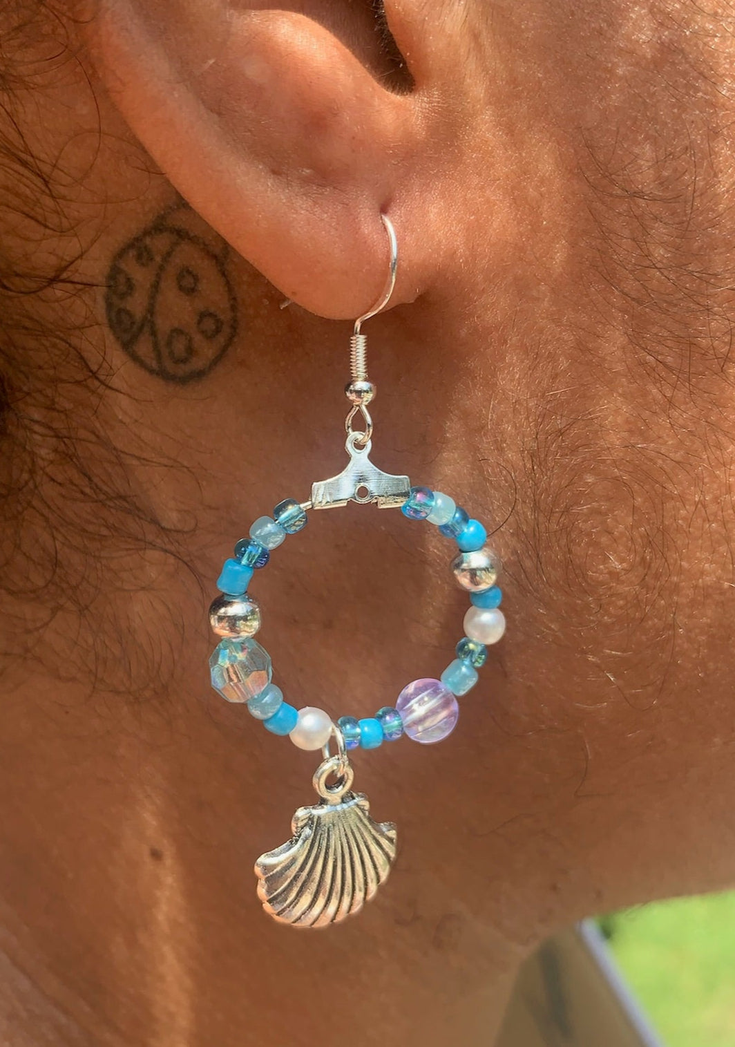 Silver Seashell Dangle Hoop Earrings