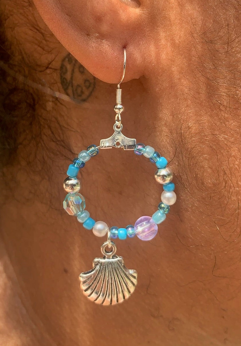 Silver Seashell Dangle Hoop Earrings