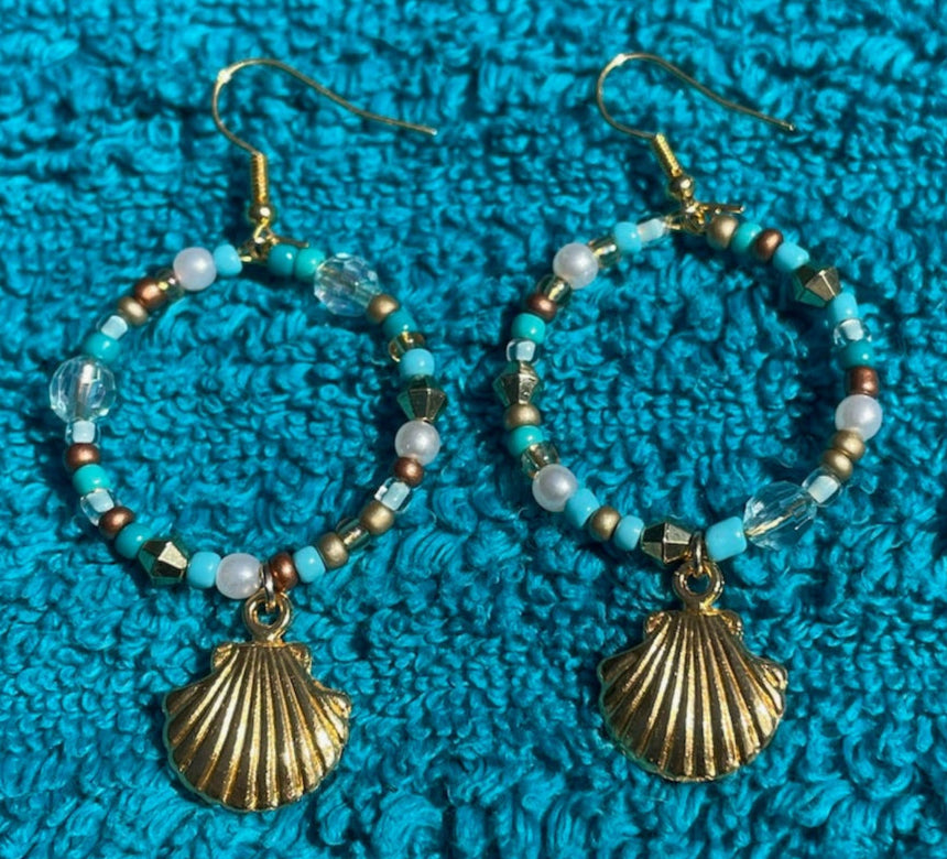 Gold Seashell Dangle Hoop Earrings
