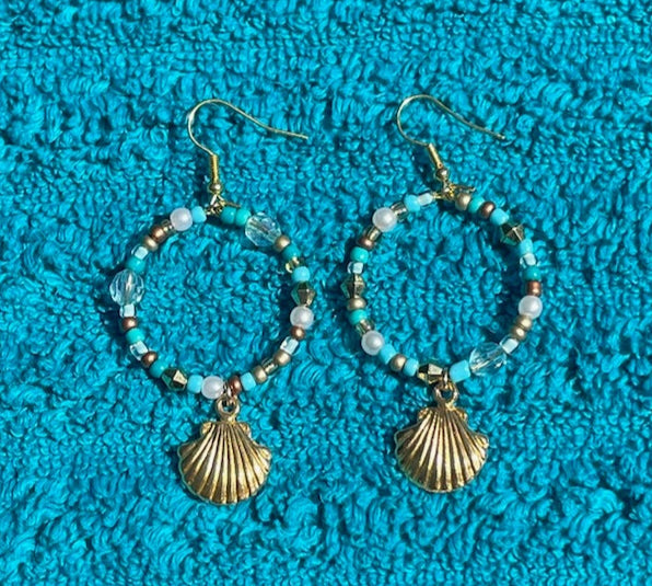 Gold Seashell Dangle Hoop Earrings