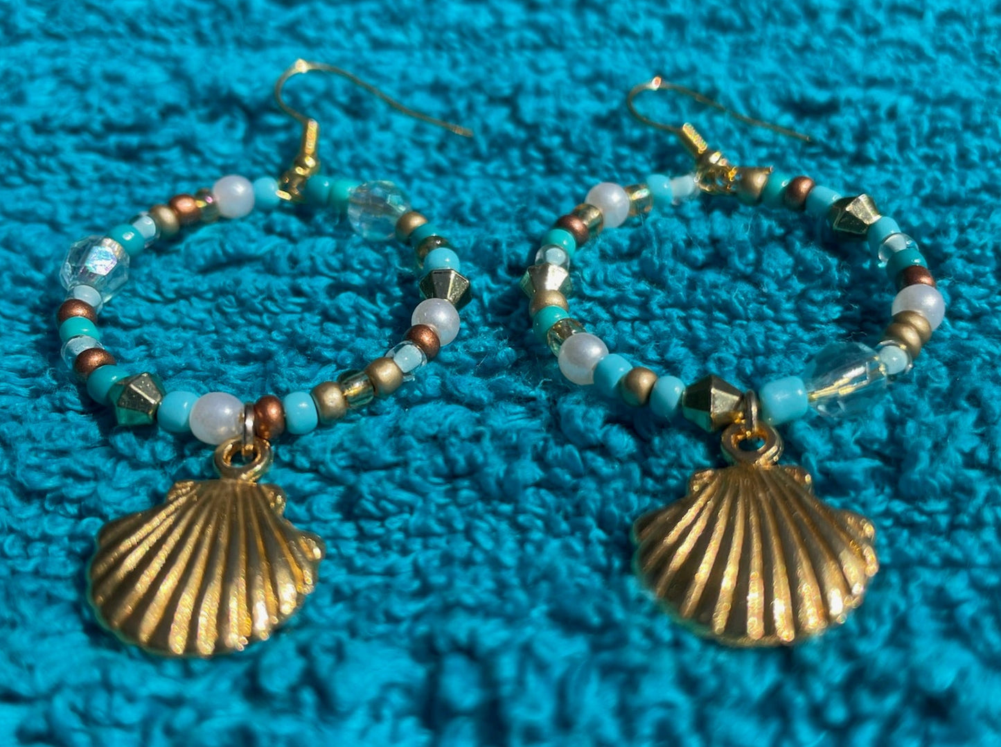 Gold Seashell Dangle Hoop Earrings