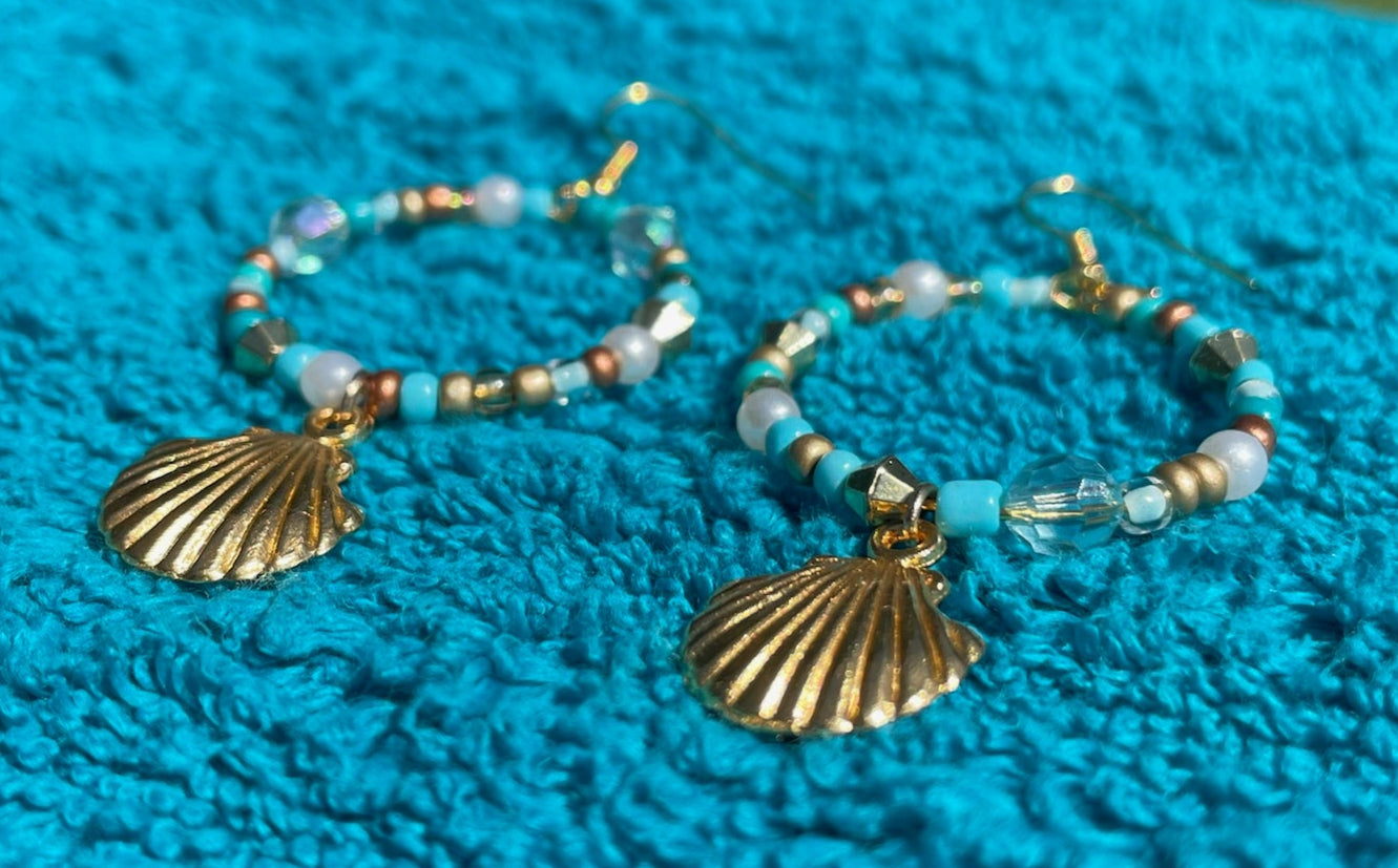Gold Seashell Dangle Hoop Earrings