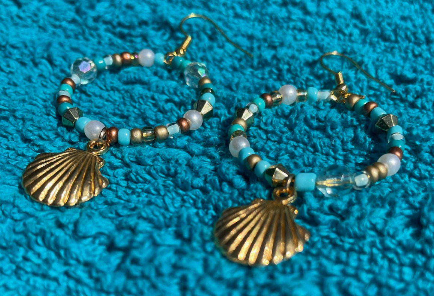 Gold Seashell Dangle Hoop Earrings