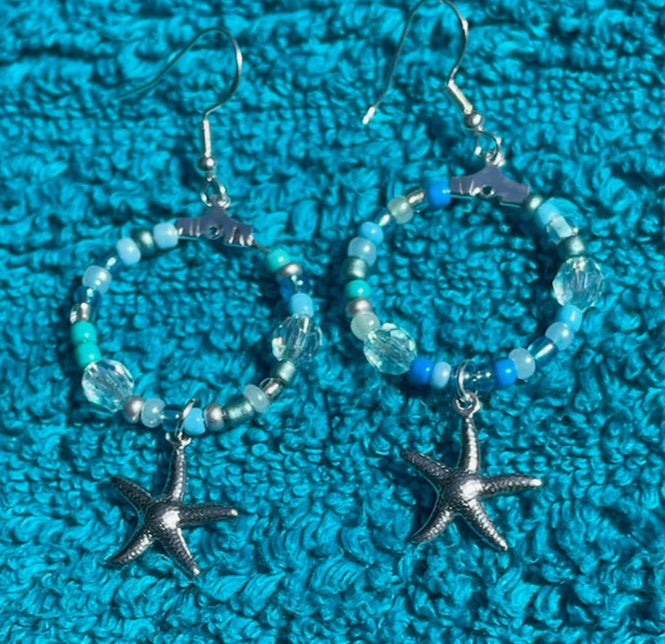 Silver Starfish Dangle Hoop Earrings