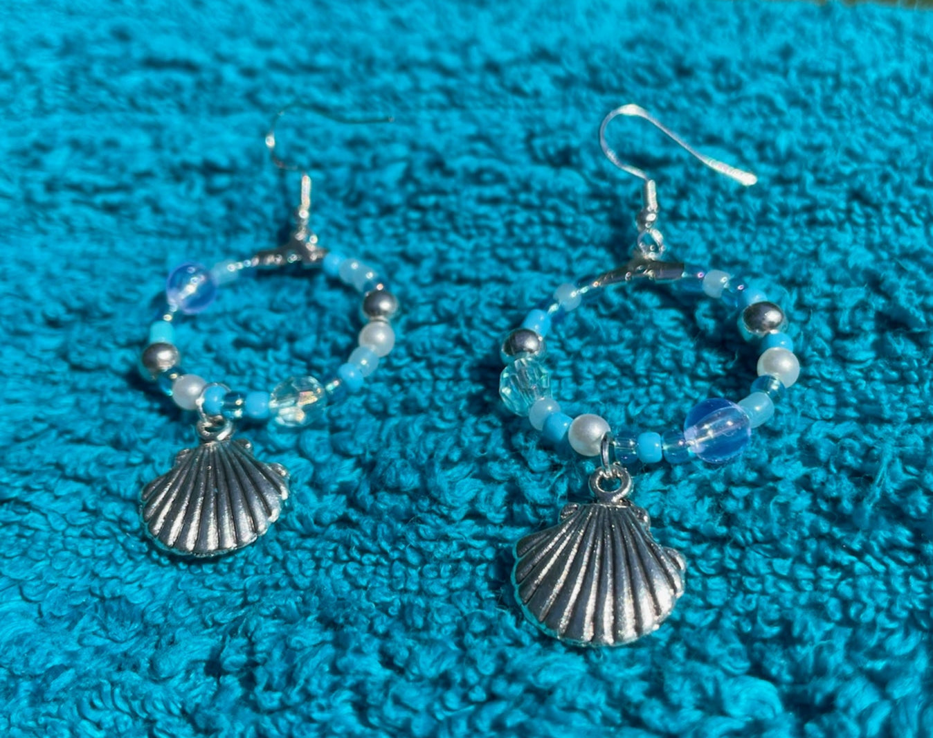Silver Seashell Dangle Hoop Earrings