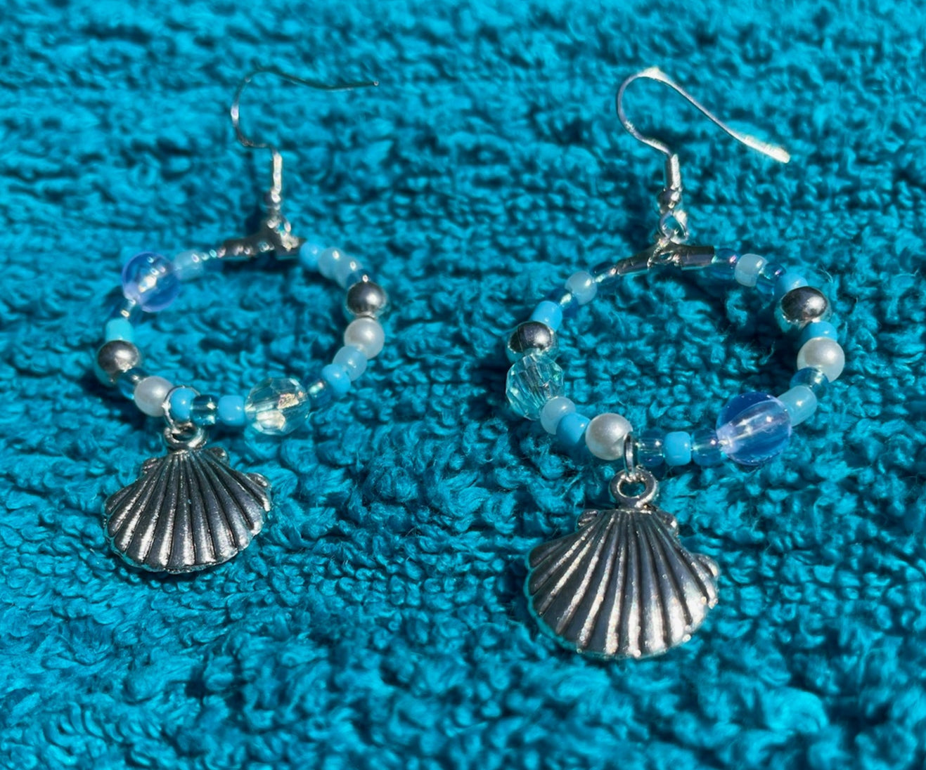 Silver Seashell Dangle Hoop Earrings