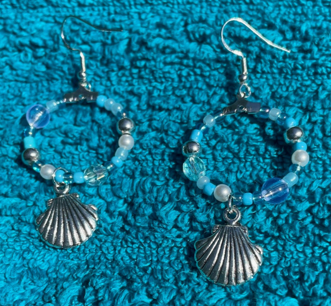 Silver Seashell Dangle Hoop Earrings