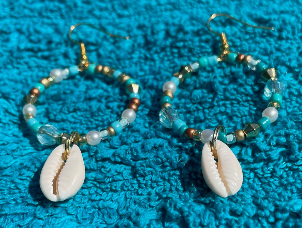 Cowrie Shell Dangle Hoop Earrings