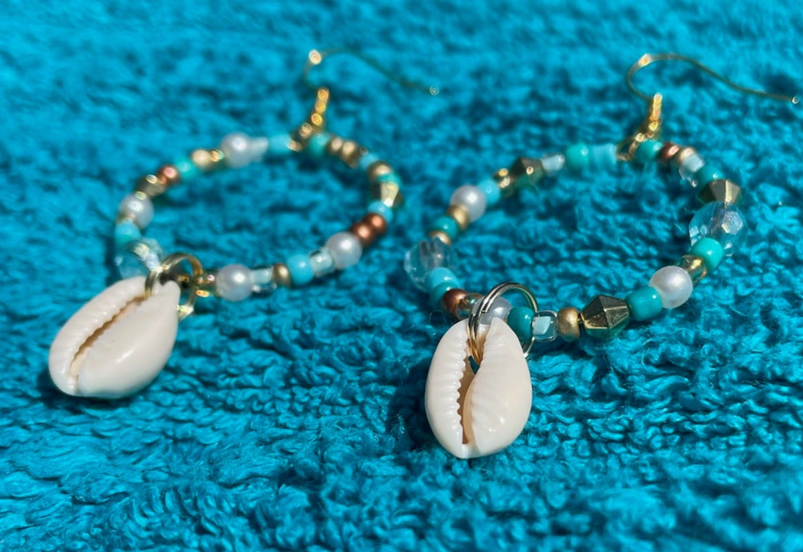 Cowrie Shell Dangle Hoop Earrings