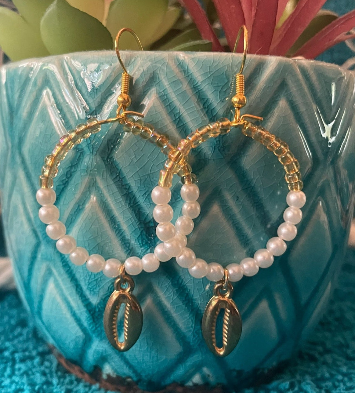 Gold + Pearl Cowrie Shell Earrings