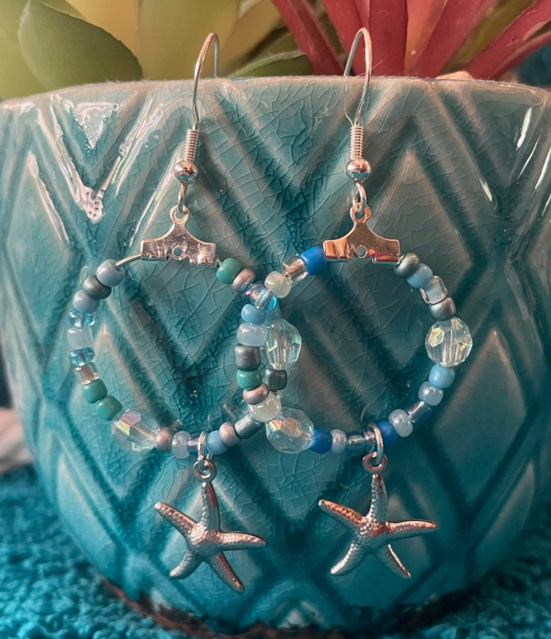 Silver Starfish Dangle Hoop Earrings