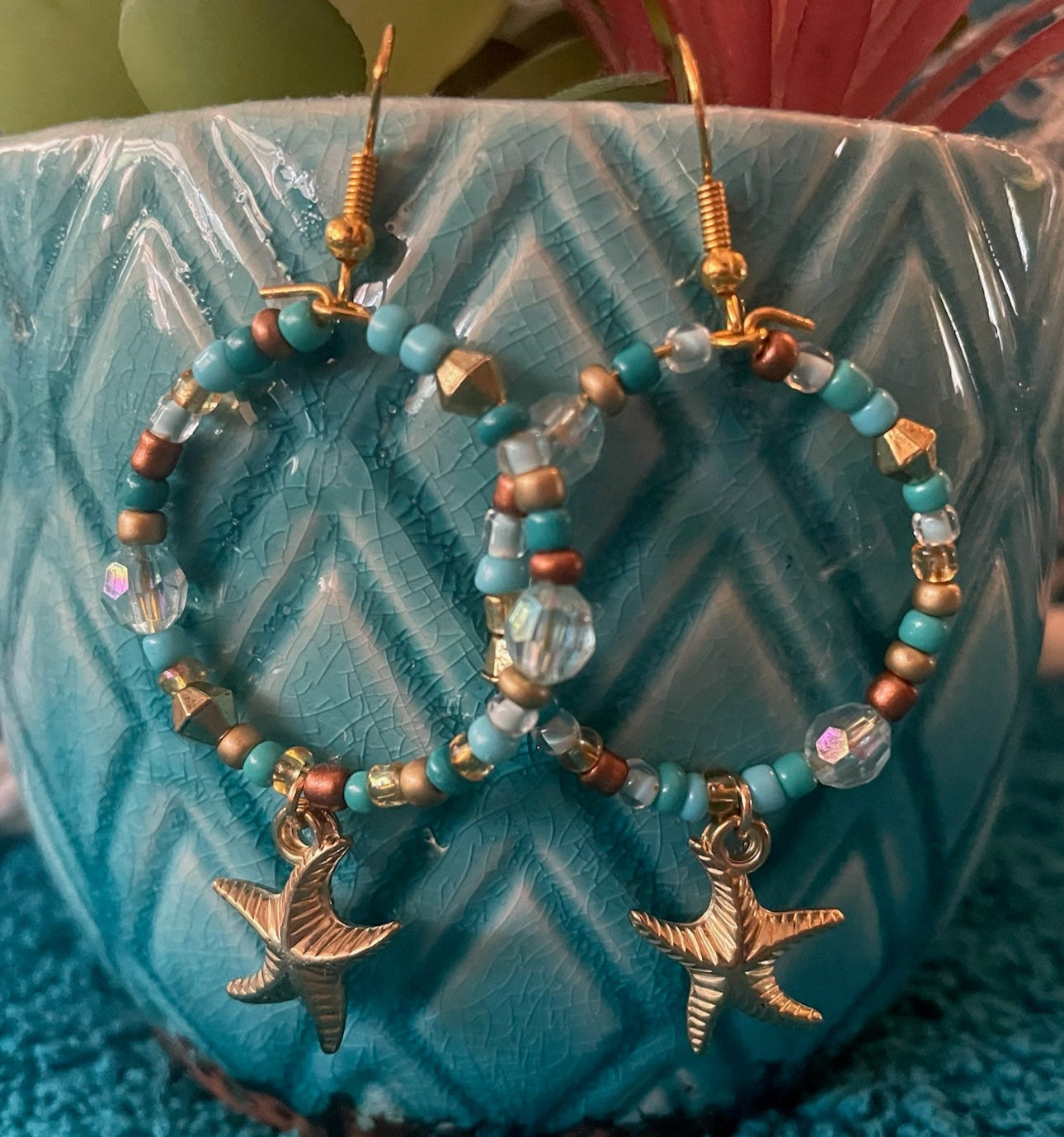 Gold Starfish Dangle Hoop Earrings