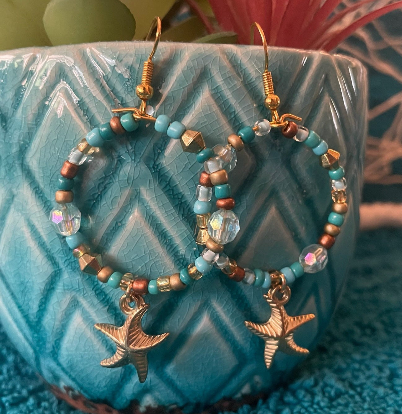 Gold Starfish Dangle Hoop Earrings