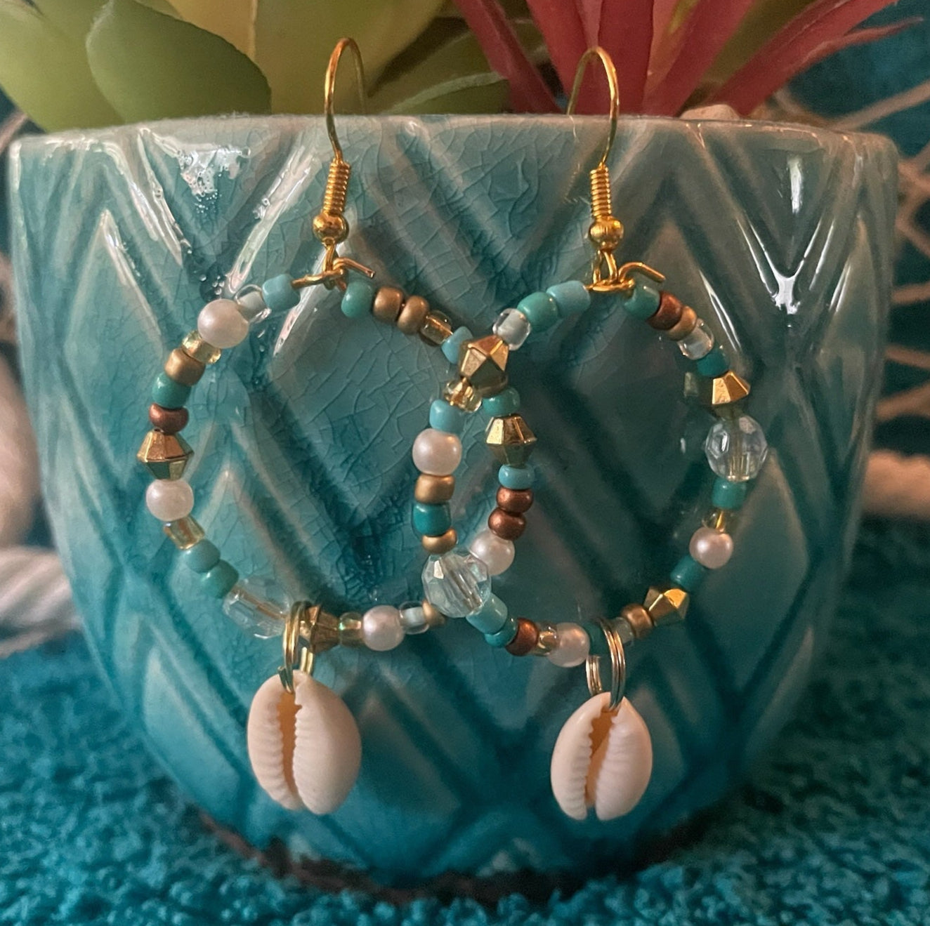 Cowrie Shell Dangle Hoop Earrings