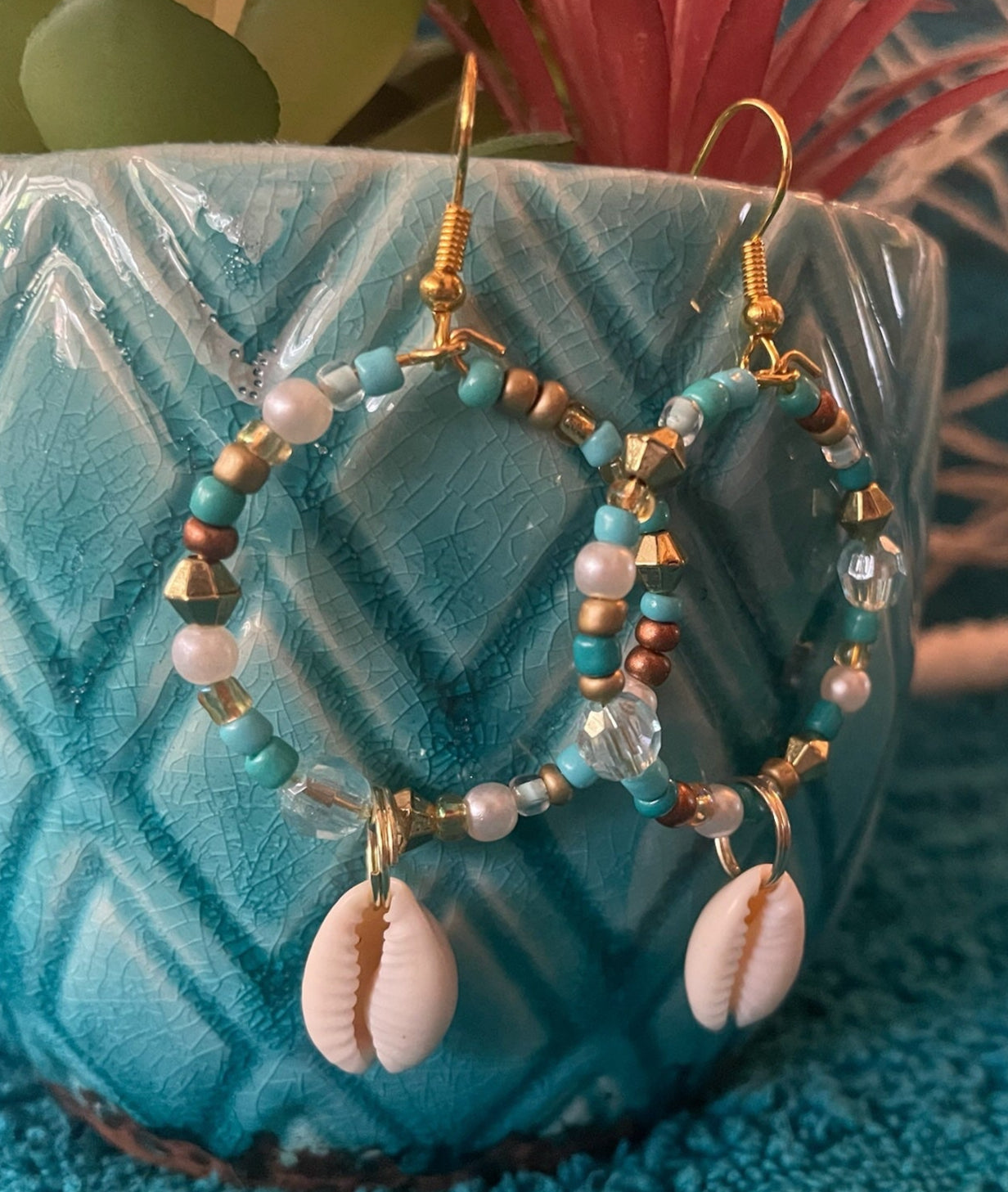 Cowrie Shell Dangle Hoop Earrings