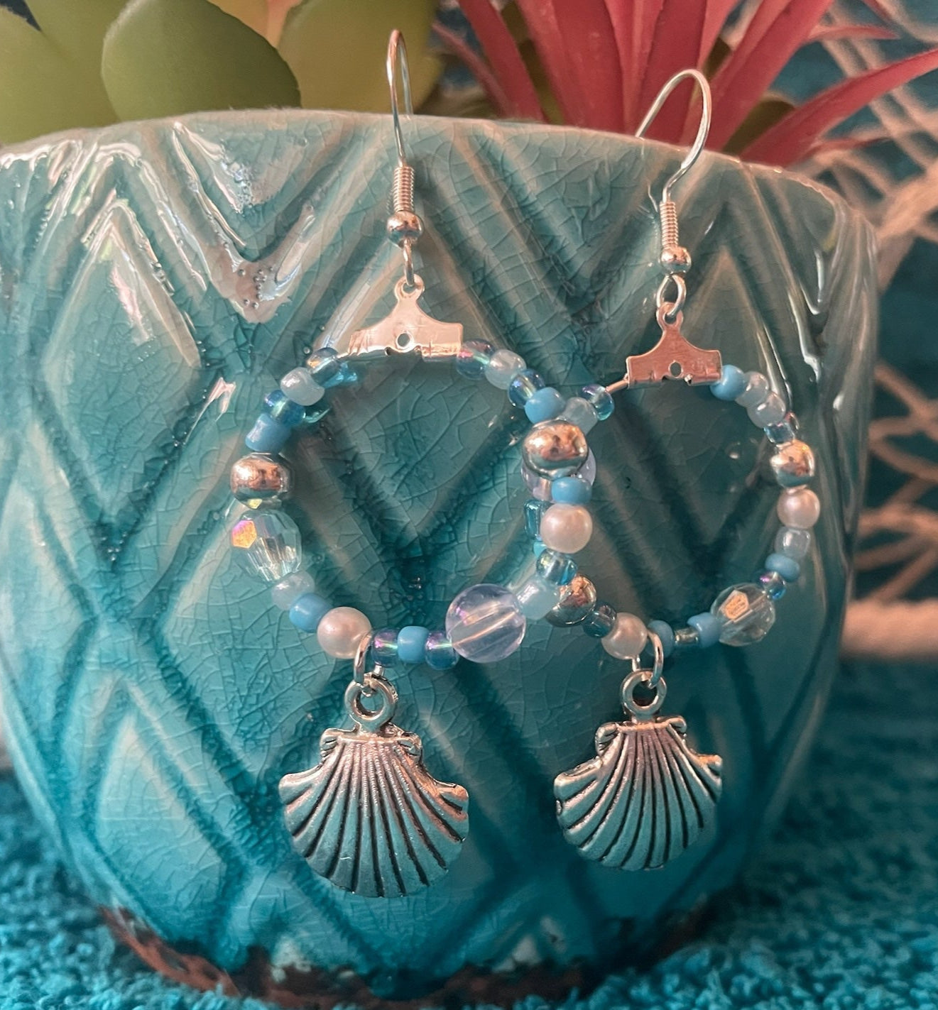 Silver Seashell Dangle Hoop Earrings