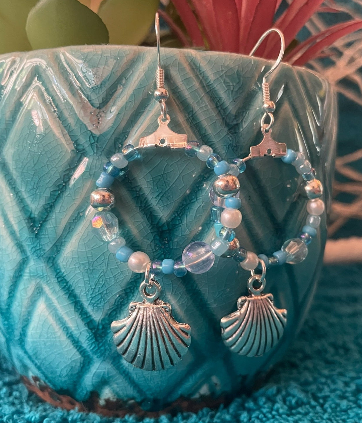 Silver Seashell Dangle Hoop Earrings