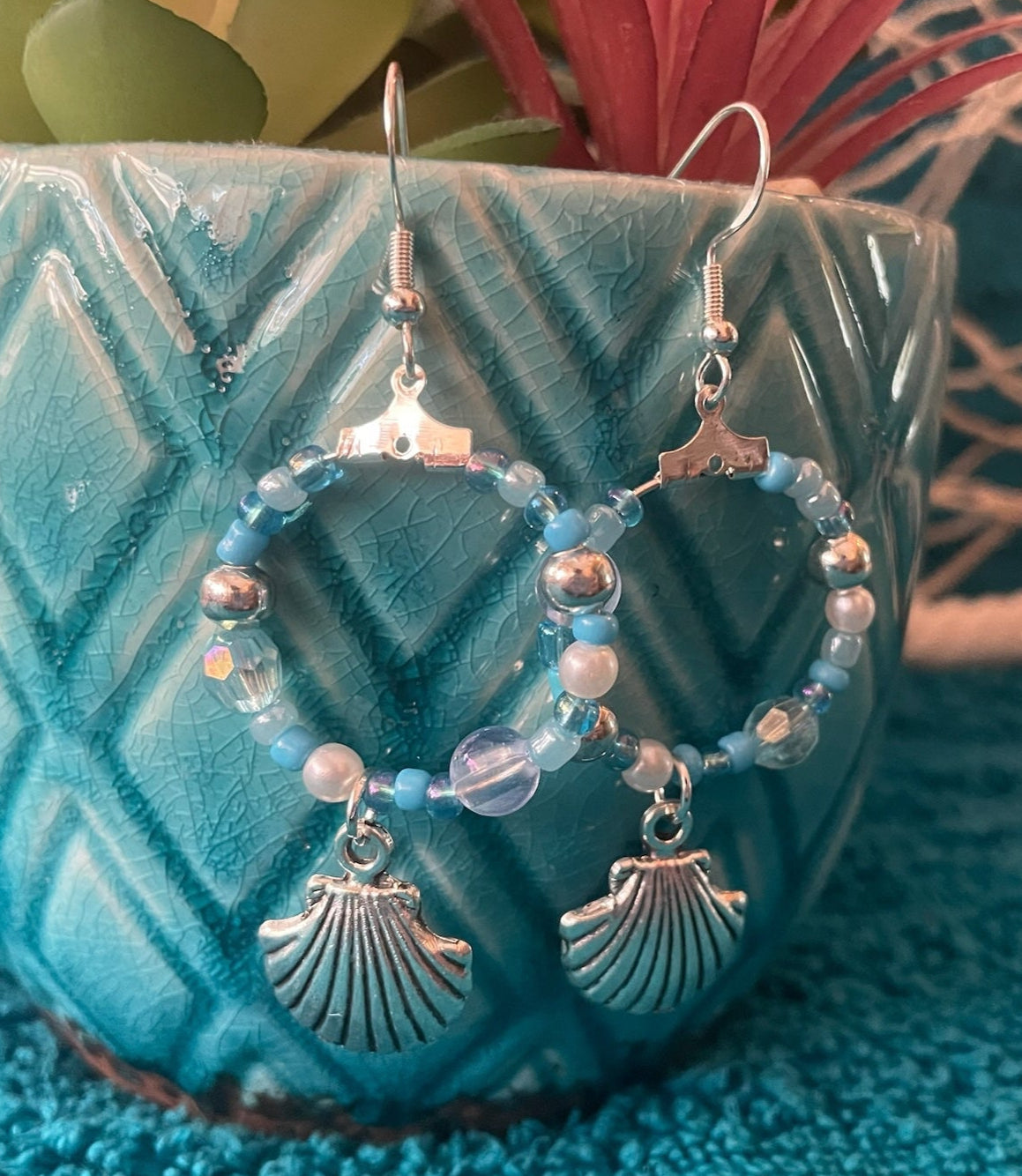 Silver Seashell Dangle Hoop Earrings