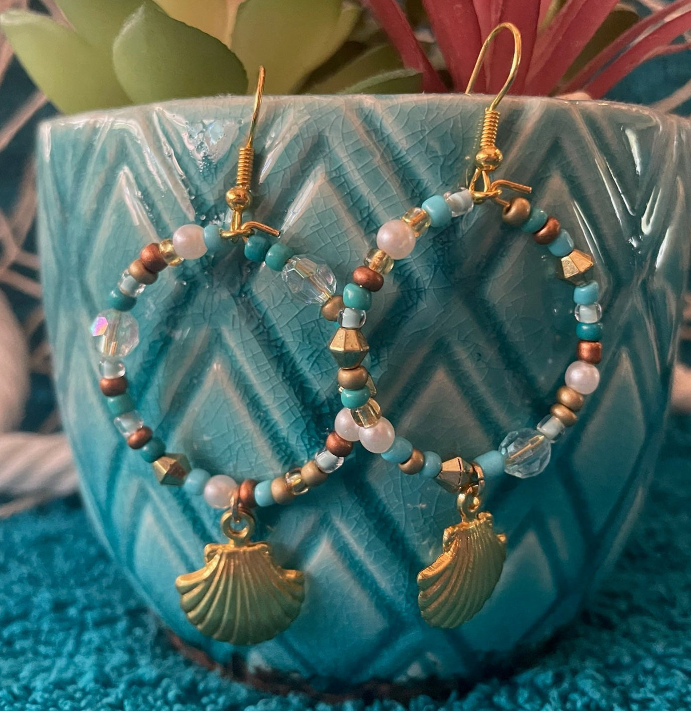 Gold Seashell Dangle Hoop Earrings