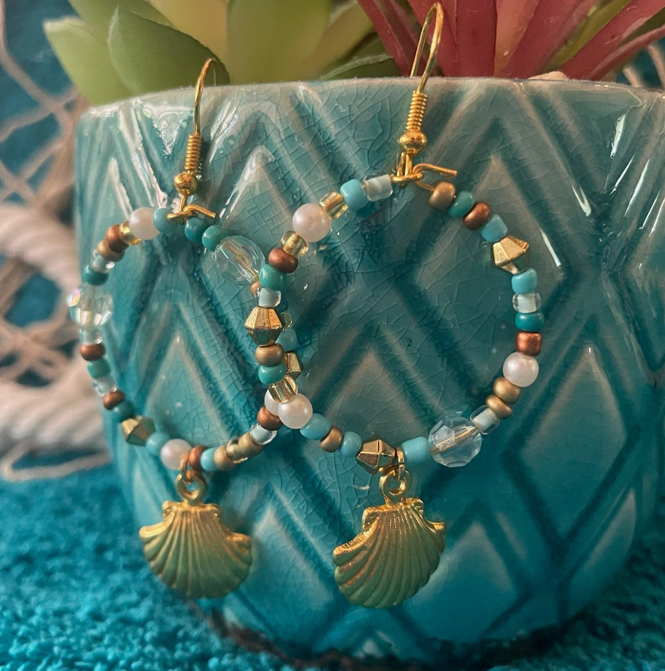 Gold Seashell Dangle Hoop Earrings