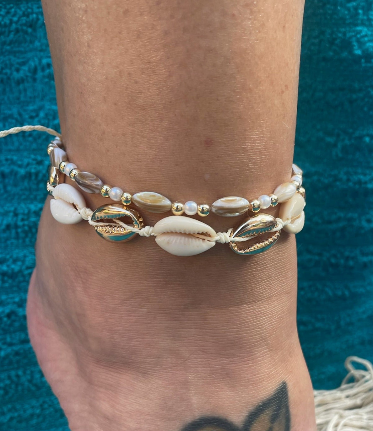 Cowrie + Rice Bead Anklet Set