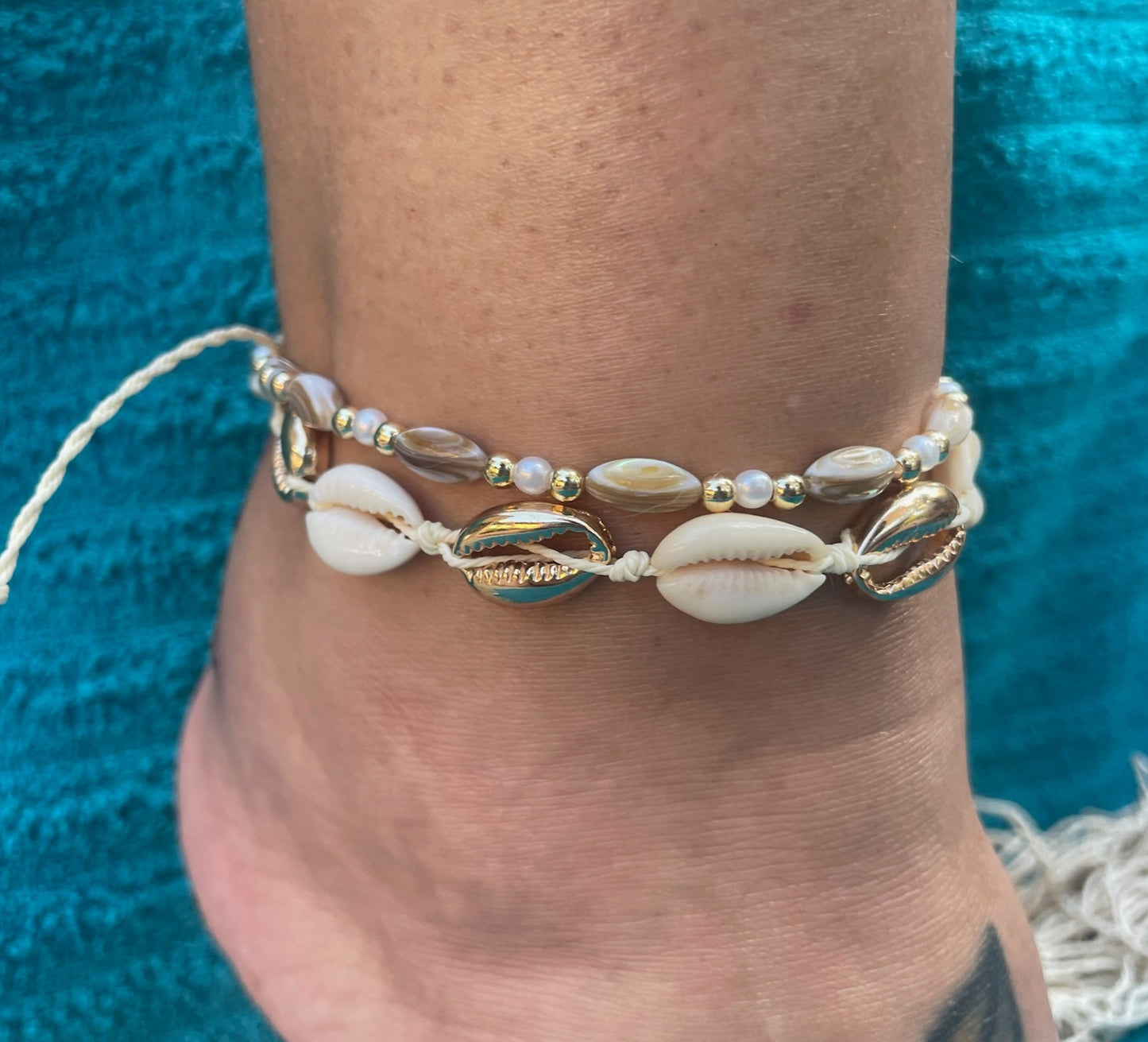 Cowrie + Rice Bead Anklet Set