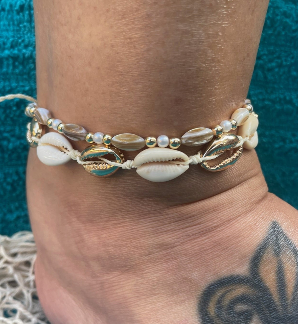 Cowrie + Rice Bead Anklet Set