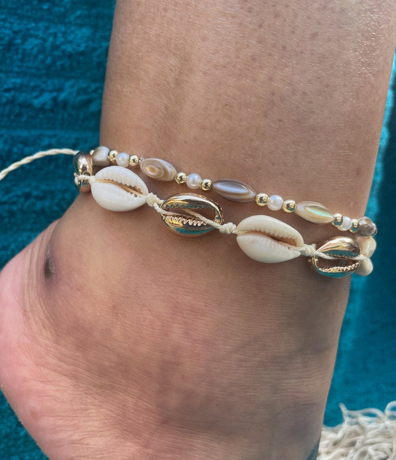 Cowrie + Rice Bead Anklet Set