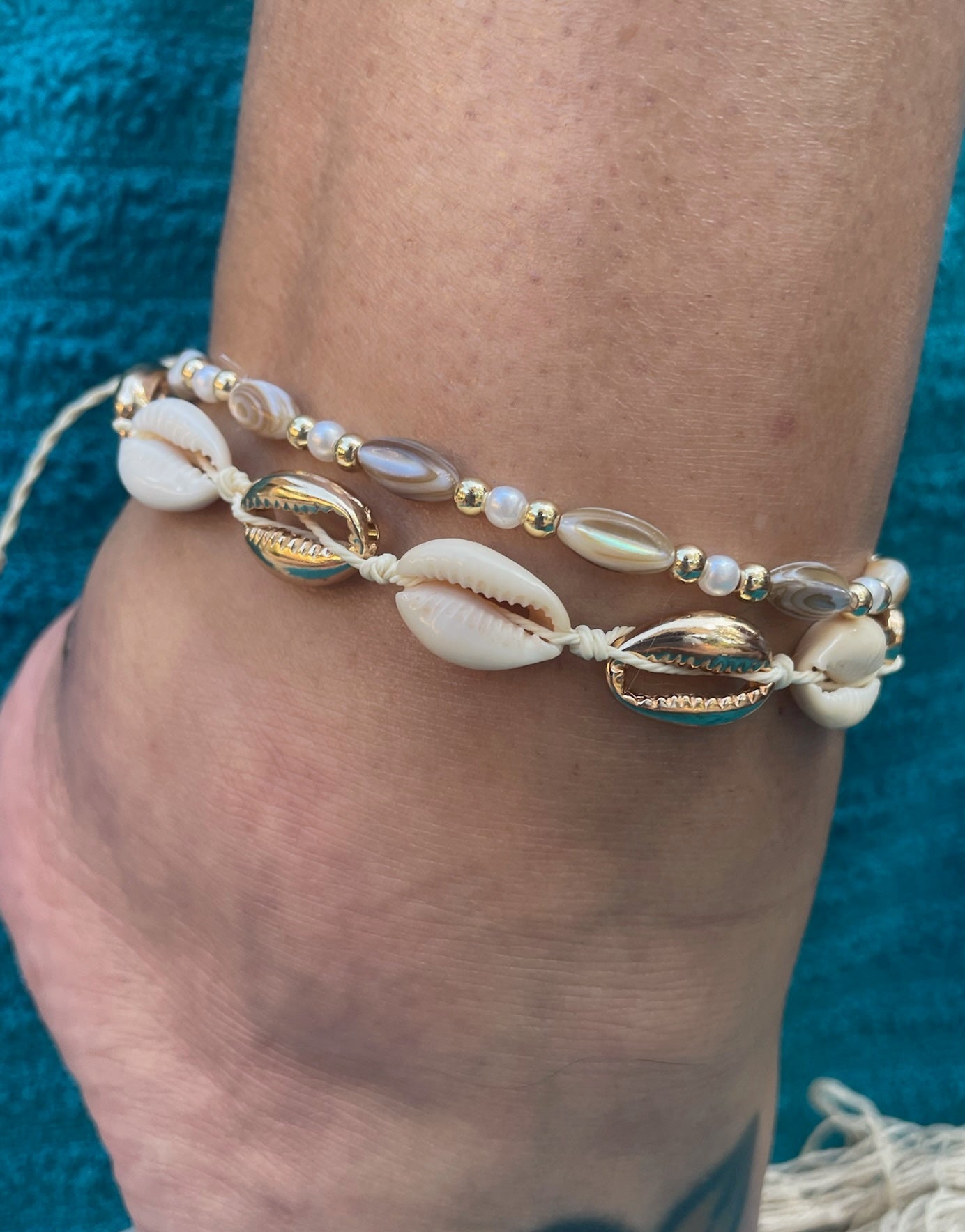 Cowrie + Rice Bead Anklet Set