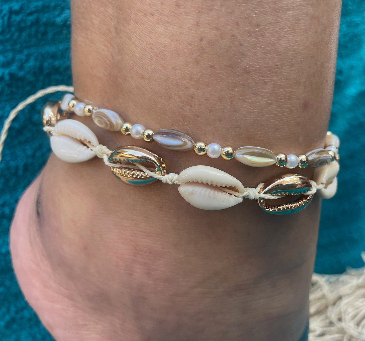 Cowrie + Rice Bead Anklet Set