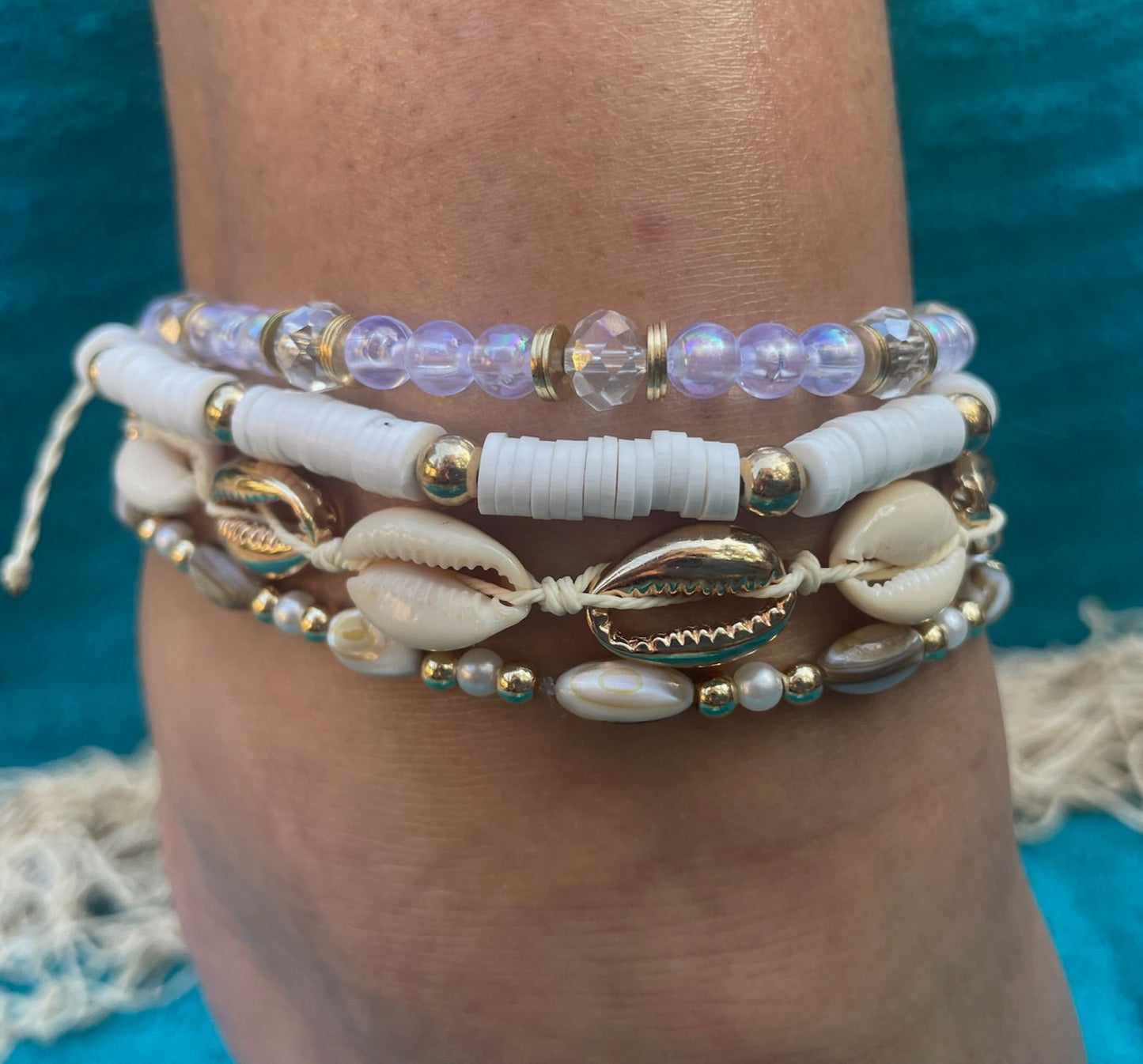 Seashell Shimmer 4-Piece Anklet Set
