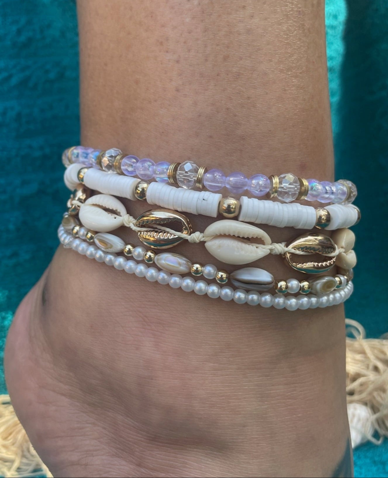 Sunshine Seashell 5-Piece Anklet Set