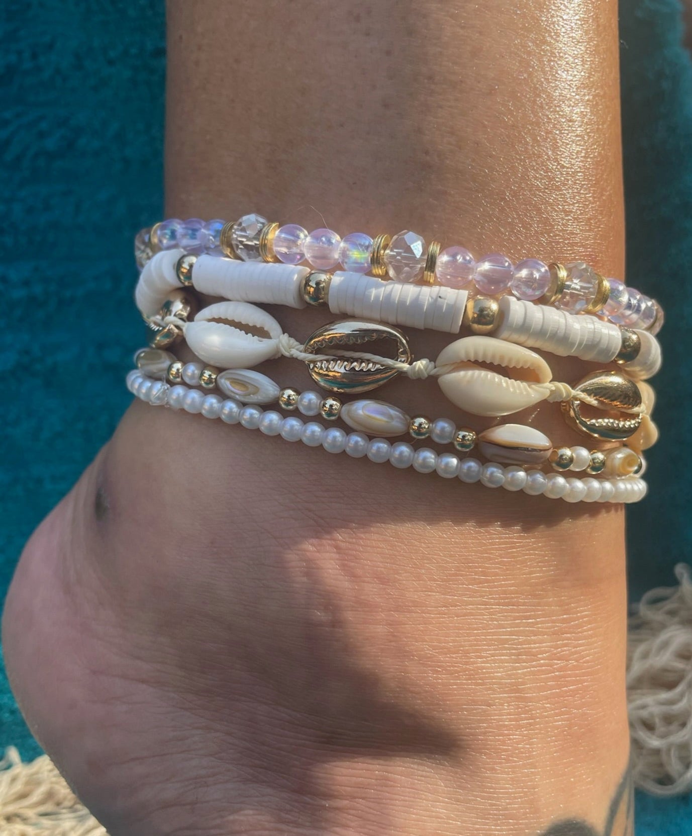 Sunshine Seashell 5-Piece Anklet Set