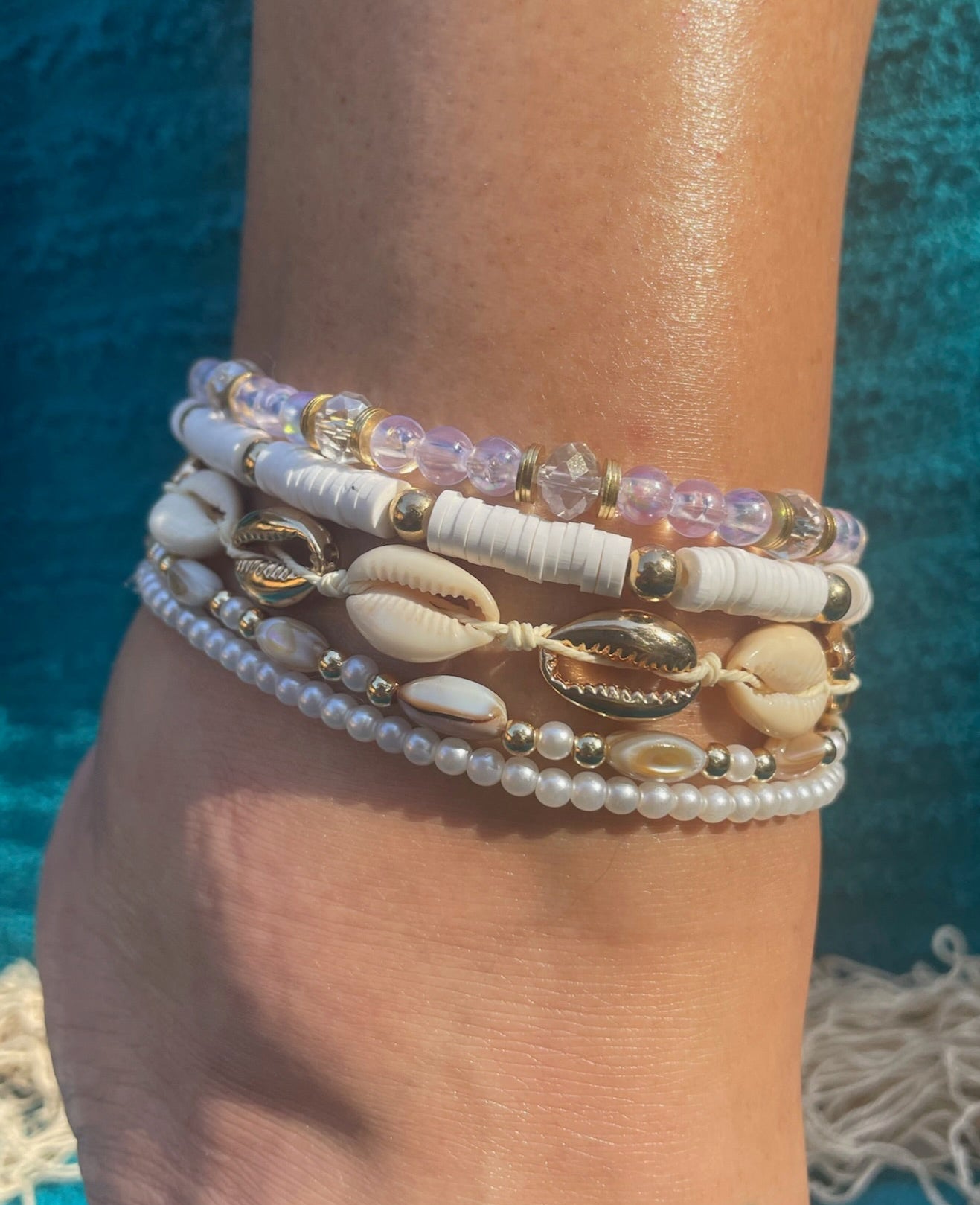 Sunshine Seashell 5-Piece Anklet Set