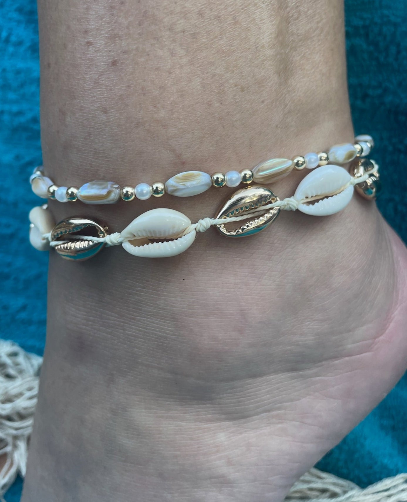 Cowrie + Rice Bead Anklet Set