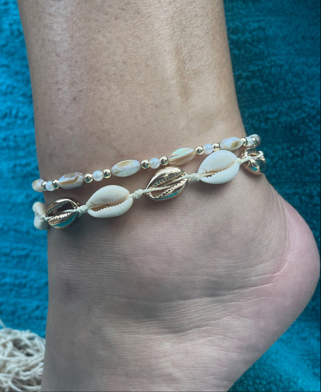 Cowrie + Rice Bead Anklet Set