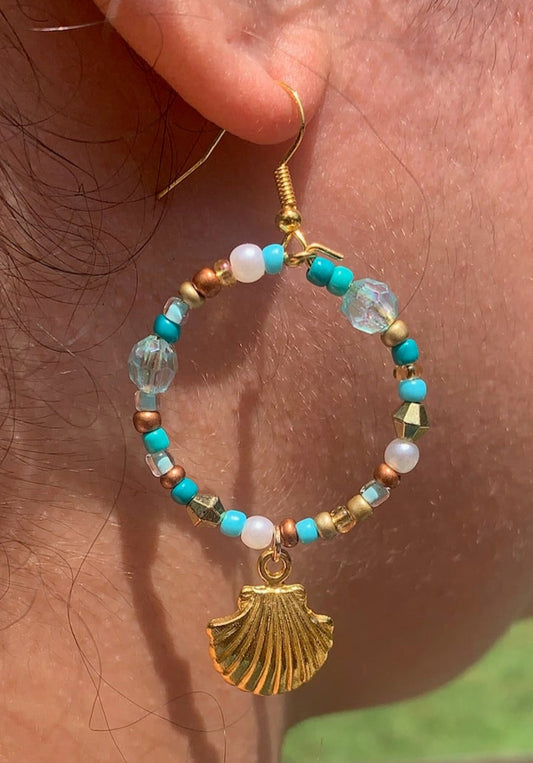 Gold Seashell Dangle Hoop Earrings