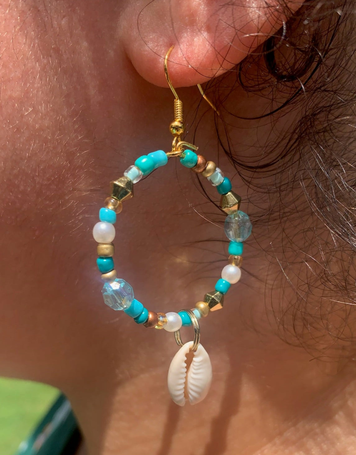 Cowrie Shell Dangle Hoop Earrings