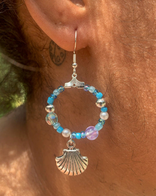 Silver Seashell Dangle Hoop Earrings