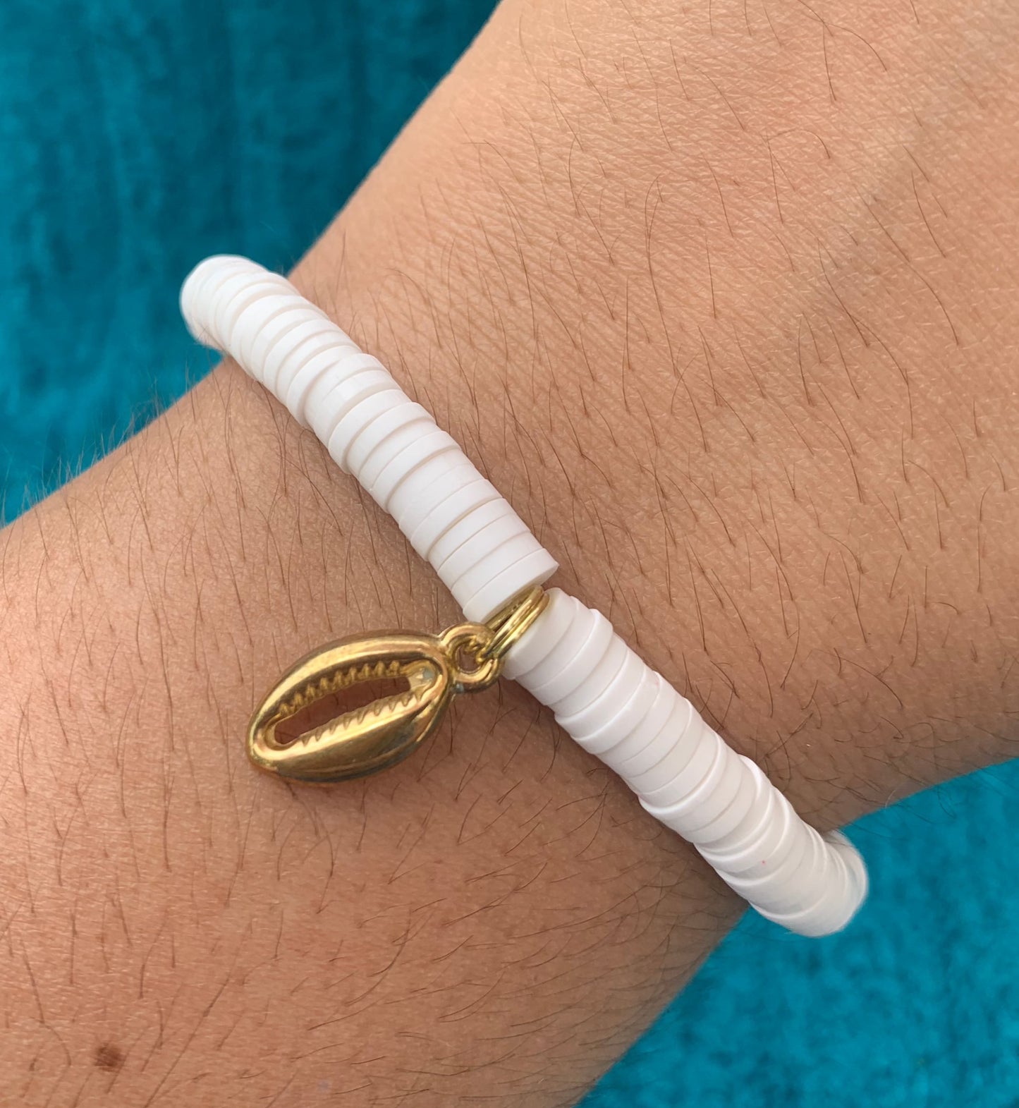 Gold Cowrie Shell Charm Heishi Bead Bracelet